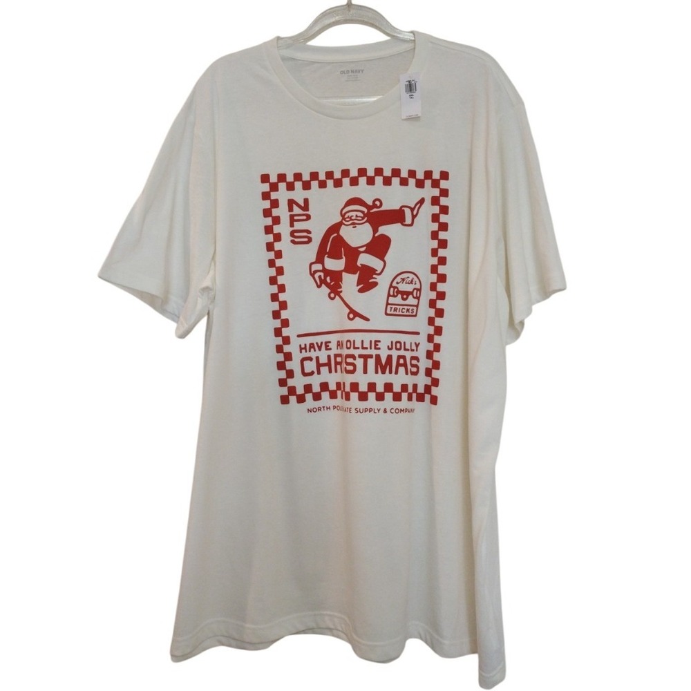 Old Navy T Shirt Man's XXXL Tall Beige Red Holiday‎ Graphic Short Sleeves Comfy